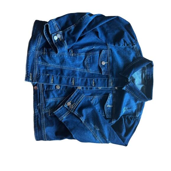 Vetinee Womens Jean Jacket Cropped Denim Jacket Stretchy 3/4 Puff Sleeve Pockets - Picture 10 of 12